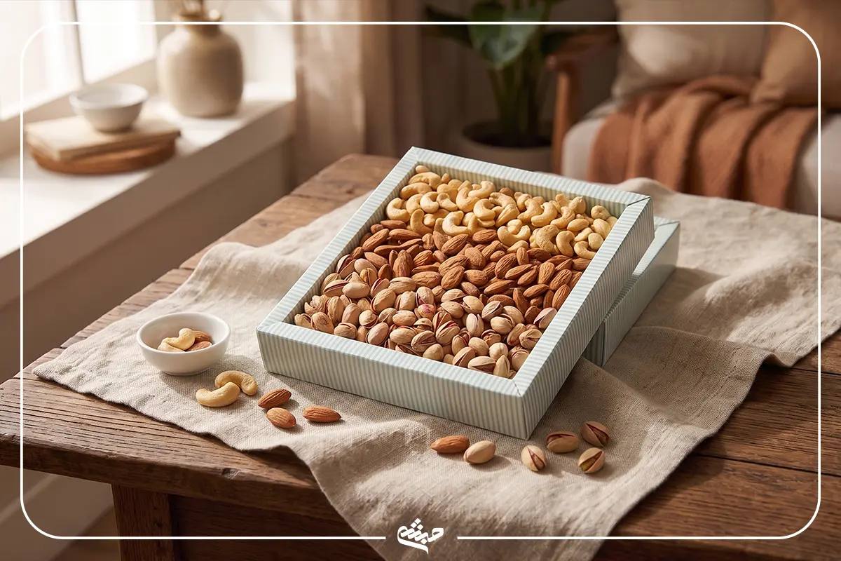 باکس کادویی آجیل سه مغز درباری شامل بادام هندی، بادام درختی و پسته خندان روی میز چوبی
