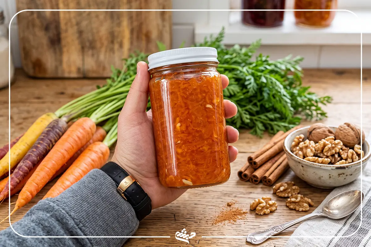 بسته&zwnj;بندی و نگهداری مربای هویج خانگی در ظروف شیشه&zwnj;ای دردار