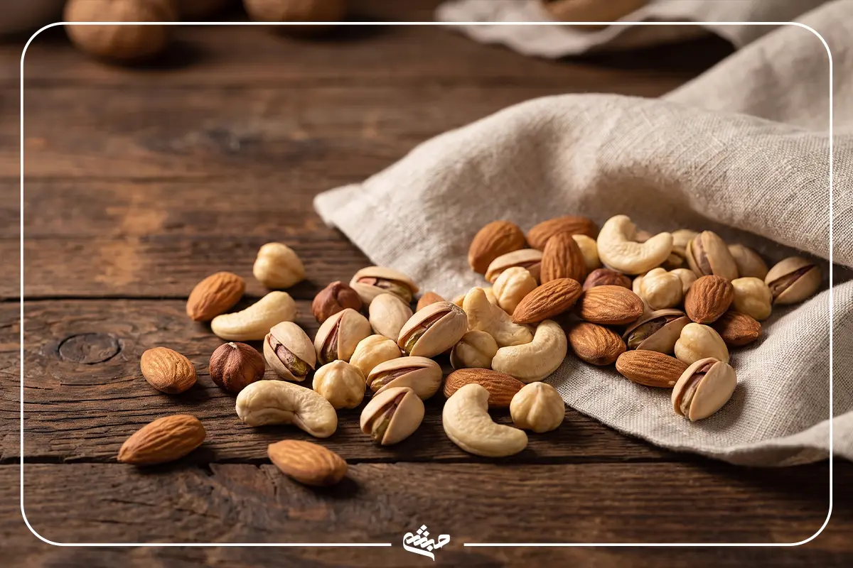 آجیل چهار مغز خام روی میز چوبی