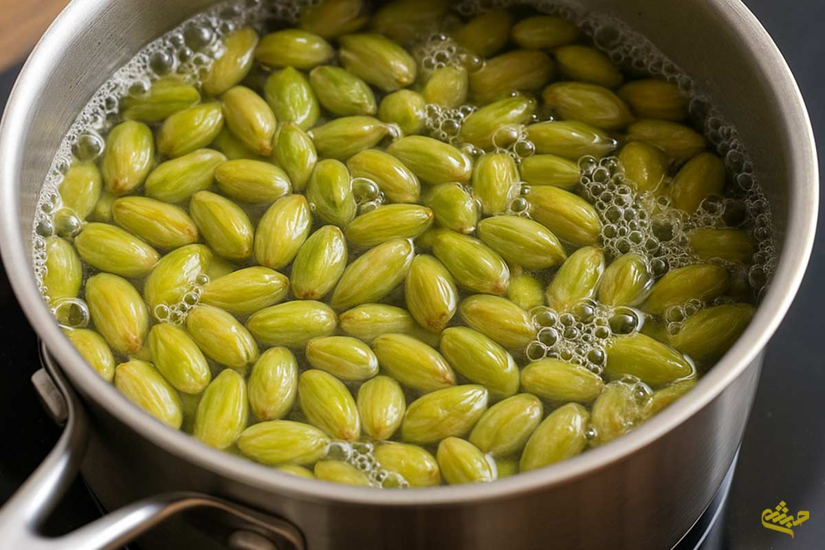 جوشاندن پوست پسته برای گرفتن تلخی